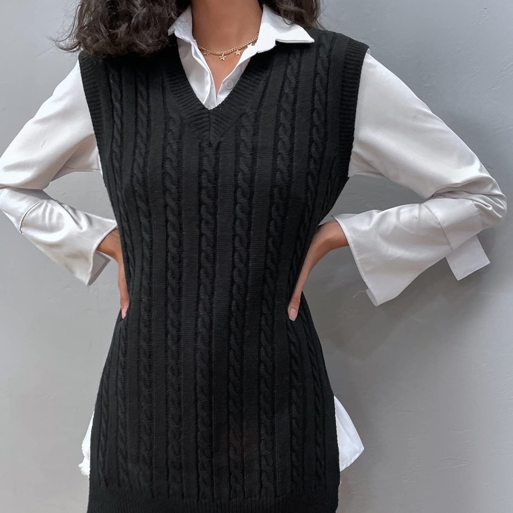 NWOT COAECJ Women's Black Cable Knit Sweater Vest Top/Dress w/ Split Hem Size S